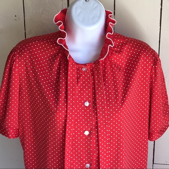 70’s Red Polka Dot Lind Clare Ruffle Tie Blouse - Picture 4 of 9